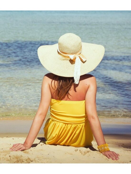 Women\'s Yellow 5.7 Inches Big Bowknot Straw Hat Large Floppy Foldable Cap main image 4